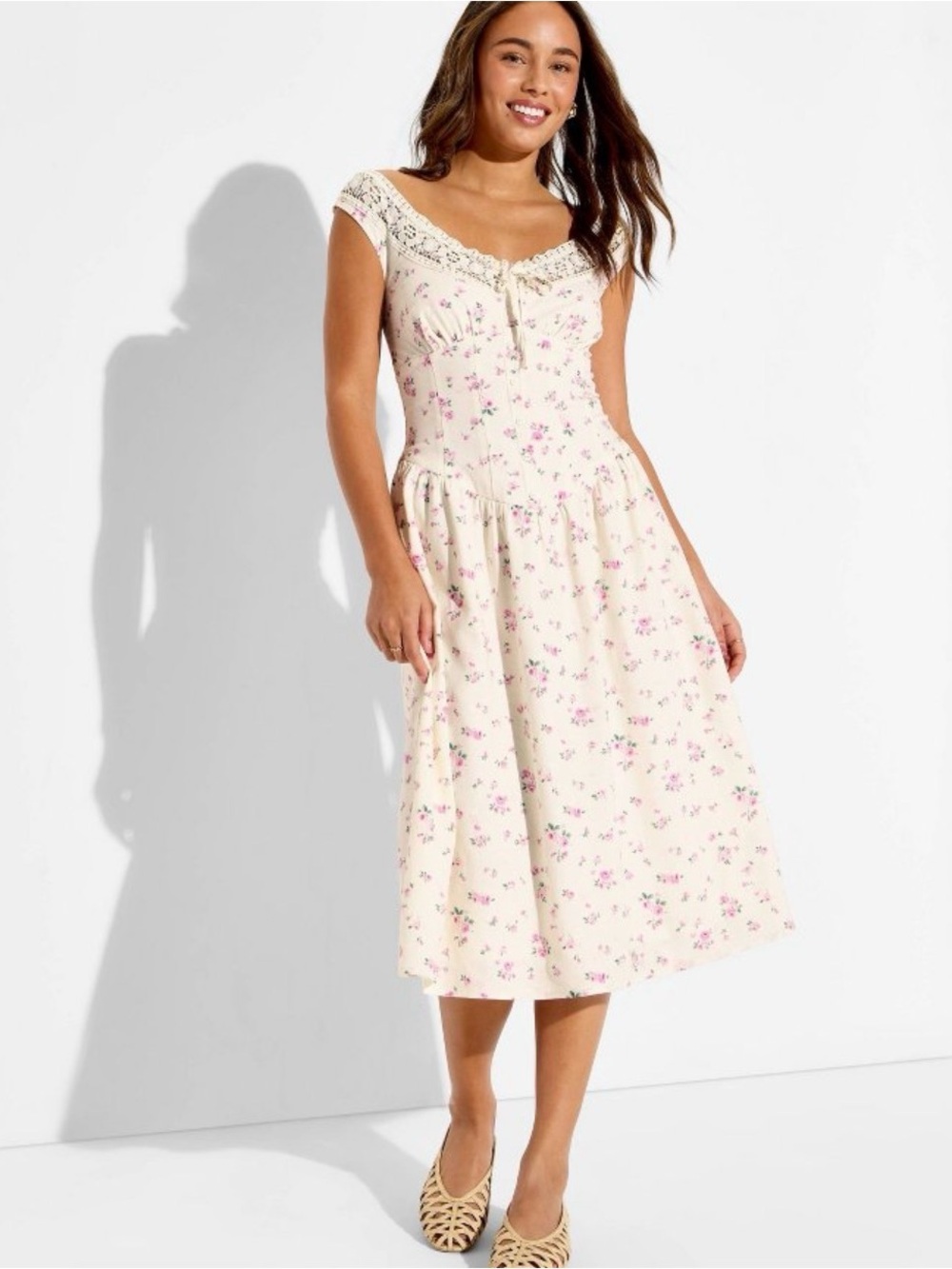 wild fable Cream Midi Dress with Pink Floral Print